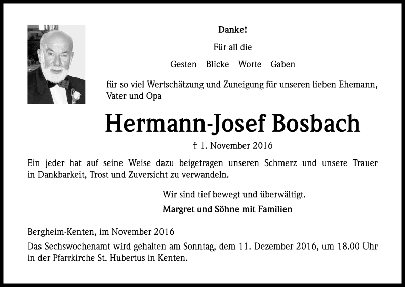  Traueranzeige für Hermann-Josef Bosbach vom 07.12.2016 aus Kölner Stadt-Anzeiger / Kölnische Rundschau / Express