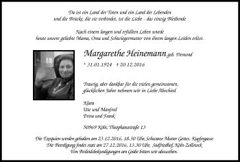 Anzeige von Margarethe Heinemann von Kölner Stadt-Anzeiger / Kölnische Rundschau / Express