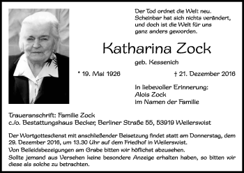 Anzeige von Katharina Zock von Kölner Stadt-Anzeiger / Kölnische Rundschau / Express