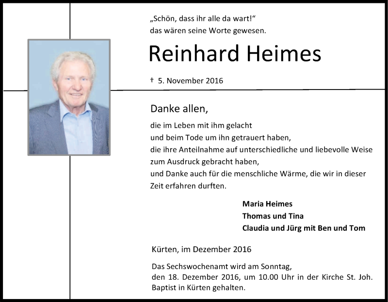  Traueranzeige für Reinhard Heimes vom 10.12.2016 aus Kölner Stadt-Anzeiger / Kölnische Rundschau / Express