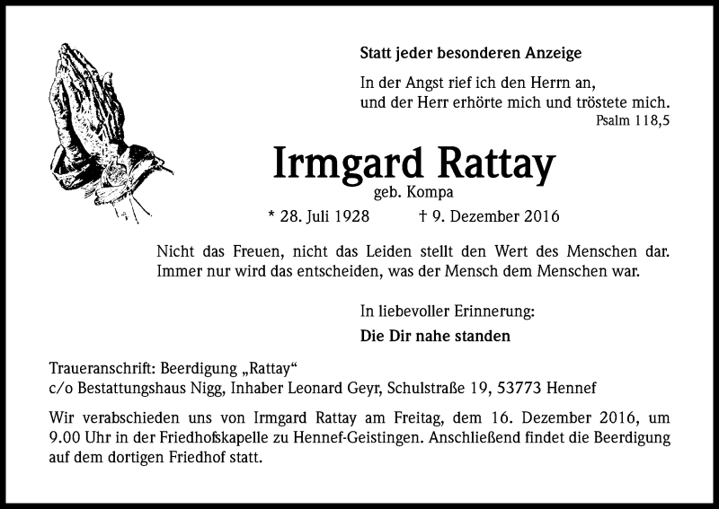  Traueranzeige für Irmgard Rattay vom 14.12.2016 aus Kölner Stadt-Anzeiger / Kölnische Rundschau / Express