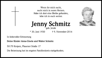 Anzeige von Jenny Schmitz von Kölner Stadt-Anzeiger / Kölnische Rundschau / Express