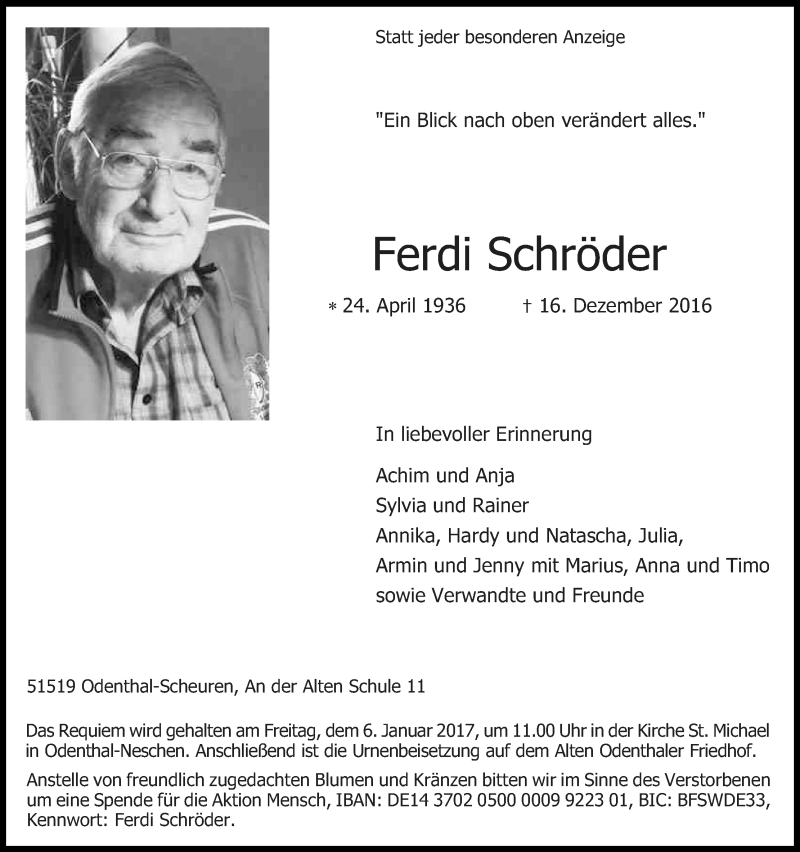  Traueranzeige für Ferdi Schröder vom 31.12.2016 aus Kölner Stadt-Anzeiger / Kölnische Rundschau / Express