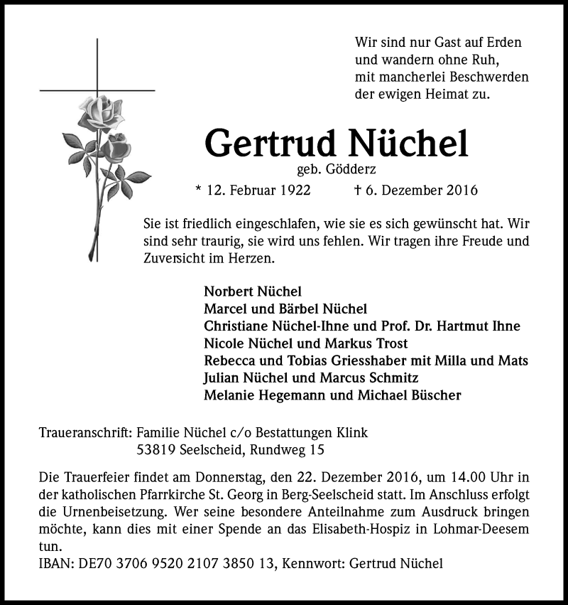  Traueranzeige für Gertrud Nüchel vom 17.12.2016 aus Kölner Stadt-Anzeiger / Kölnische Rundschau / Express