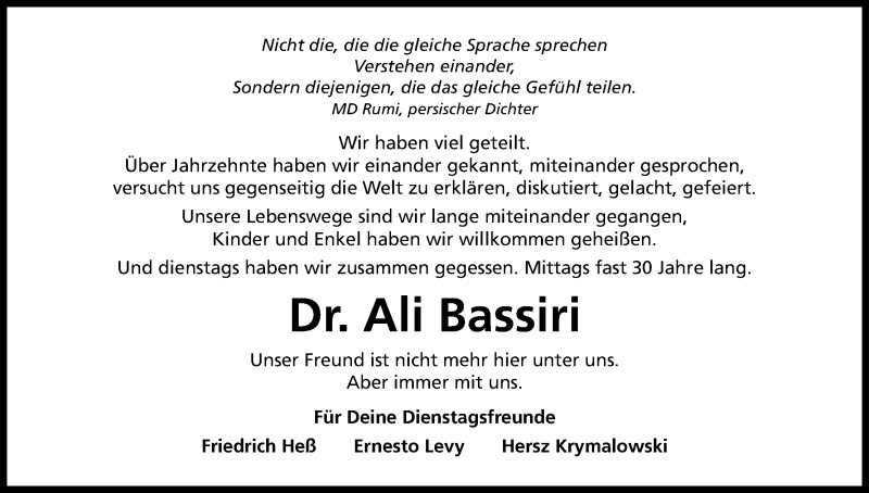  Traueranzeige für Ali Bassiri vom 24.12.2016 aus Kölner Stadt-Anzeiger / Kölnische Rundschau / Express