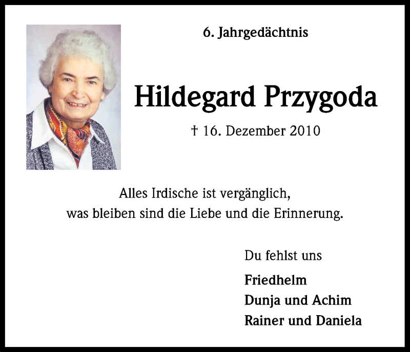  Traueranzeige für Hildegard Przygoda vom 16.12.2016 aus Kölner Stadt-Anzeiger / Kölnische Rundschau / Express