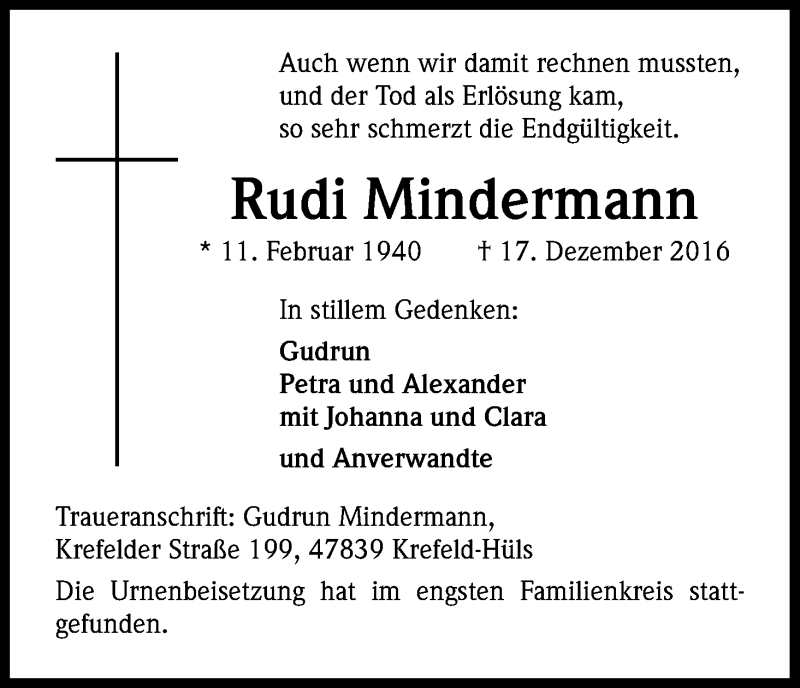  Traueranzeige für Rudi Mindermann vom 31.12.2016 aus Kölner Stadt-Anzeiger / Kölnische Rundschau / Express