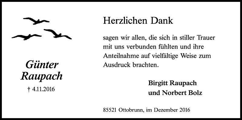  Traueranzeige für Günter Raupach vom 10.12.2016 aus Kölner Stadt-Anzeiger / Kölnische Rundschau / Express