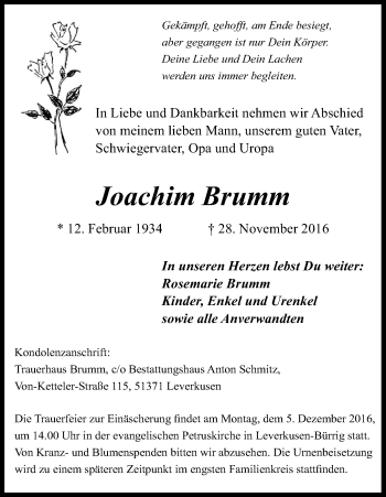 Anzeige von Joachim Brumm von Kölner Stadt-Anzeiger / Kölnische Rundschau / Express