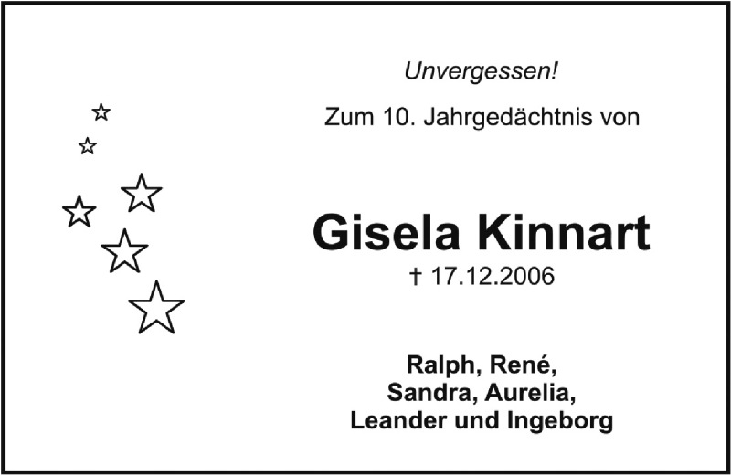  Traueranzeige für Gisela Kinnart vom 17.12.2016 aus  Rhein-Sieg-Wochenende 