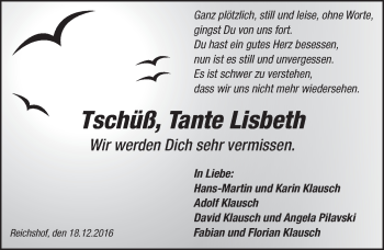 Anzeige von Tschüss Tante Lisbeth von  Anzeigen Echo 