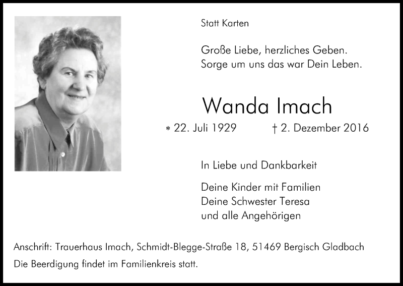  Traueranzeige für Wanda Imach vom 07.12.2016 aus Kölner Stadt-Anzeiger / Kölnische Rundschau / Express
