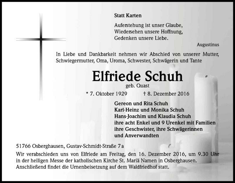  Traueranzeige für Elfriede Schuh vom 15.12.2016 aus Kölner Stadt-Anzeiger / Kölnische Rundschau / Express
