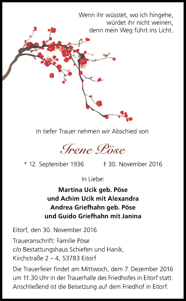  Traueranzeige für Irene Pöse vom 05.12.2016 aus Kölner Stadt-Anzeiger / Kölnische Rundschau / Express