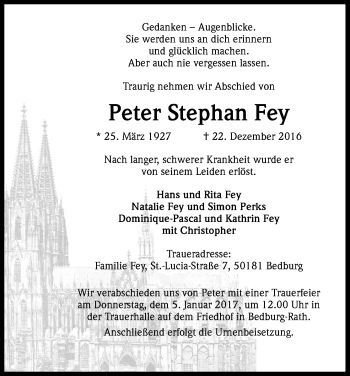Anzeige von Peter Stephan Fey von Kölner Stadt-Anzeiger / Kölnische Rundschau / Express