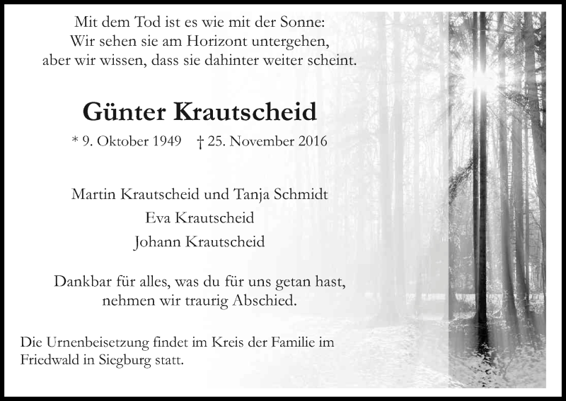  Traueranzeige für Günter Krautscheid vom 03.12.2016 aus Kölner Stadt-Anzeiger / Kölnische Rundschau / Express