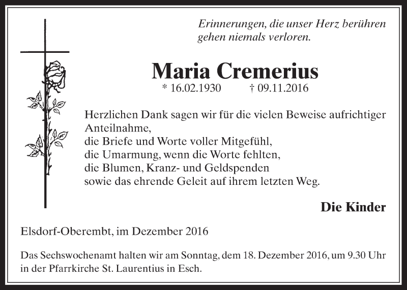  Traueranzeige für Maria Cremerius vom 14.12.2016 aus  Werbepost 