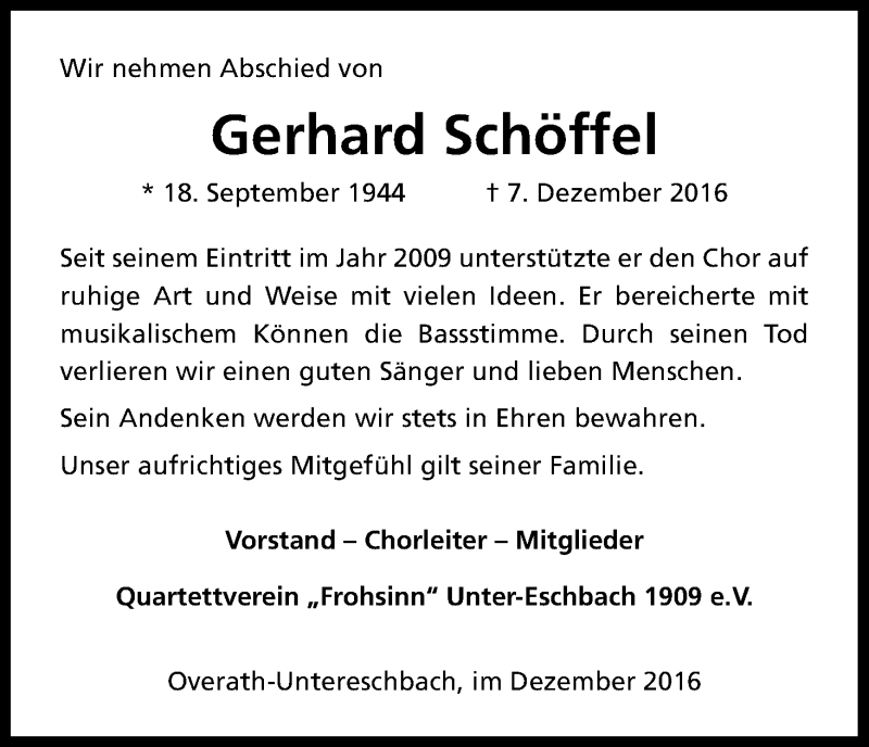  Traueranzeige für Gerhard Schöffel vom 17.12.2016 aus Kölner Stadt-Anzeiger / Kölnische Rundschau / Express