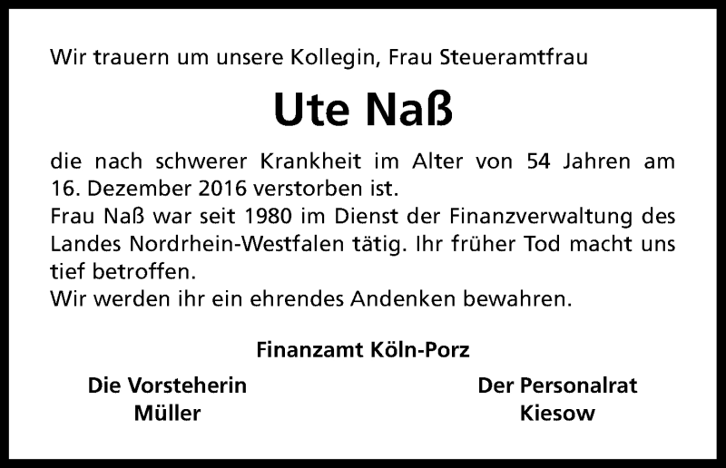  Traueranzeige für Ute Naß vom 28.12.2016 aus Kölner Stadt-Anzeiger / Kölnische Rundschau / Express