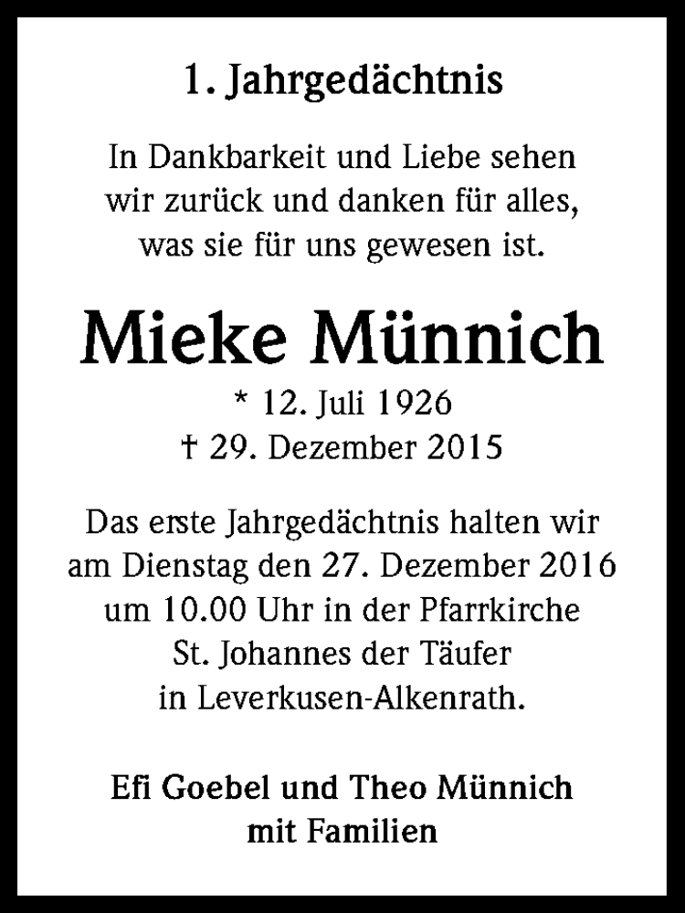  Traueranzeige für Mieke Münnich vom 21.12.2016 aus Kölner Stadt-Anzeiger / Kölnische Rundschau / Express