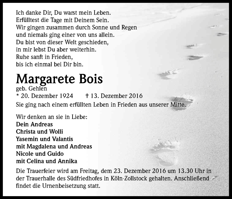  Traueranzeige für Margarete Bois vom 17.12.2016 aus Kölner Stadt-Anzeiger / Kölnische Rundschau / Express