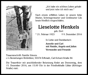Anzeige von Lieselotte Henkels von Kölner Stadt-Anzeiger / Kölnische Rundschau / Express