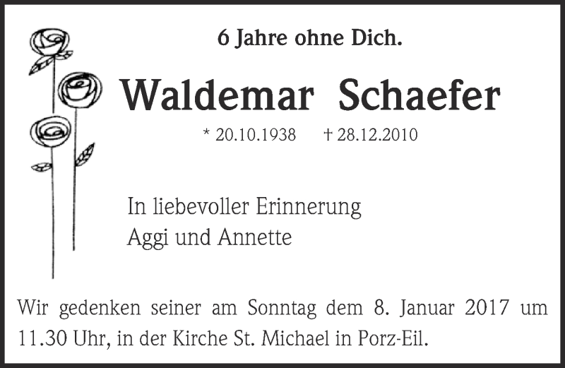  Traueranzeige für Waldemar Schaefer vom 21.12.2016 aus  Kölner Wochenspiegel 