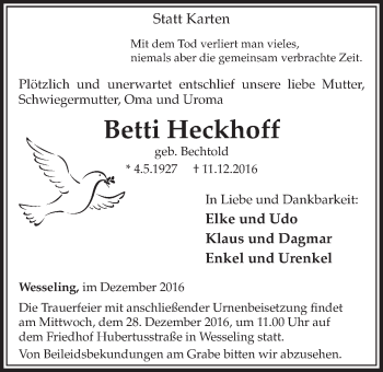 Anzeige von Betti Heckhoff von  Schlossbote/Werbekurier 
