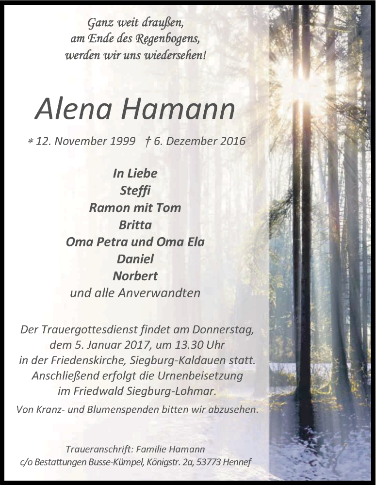  Traueranzeige für Alena Hamann vom 17.12.2016 aus Kölner Stadt-Anzeiger / Kölnische Rundschau / Express