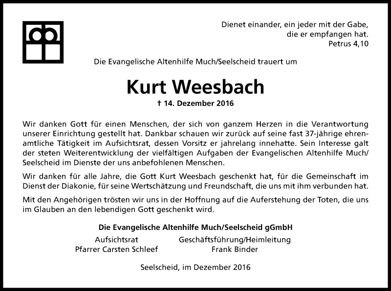  Traueranzeige für Kurt Weesbach vom 28.12.2016 aus Kölner Stadt-Anzeiger / Kölnische Rundschau / Express