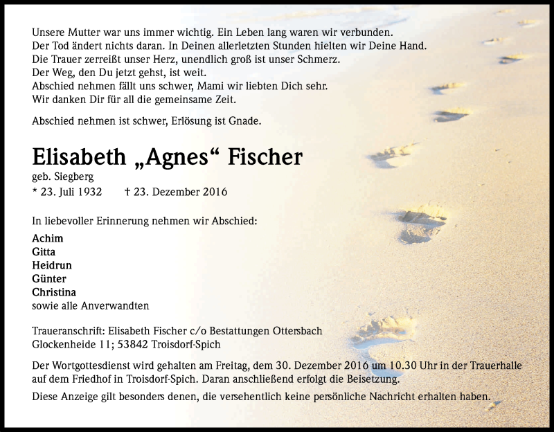  Traueranzeige für Elisabeth Fischer vom 28.12.2016 aus Kölner Stadt-Anzeiger / Kölnische Rundschau / Express