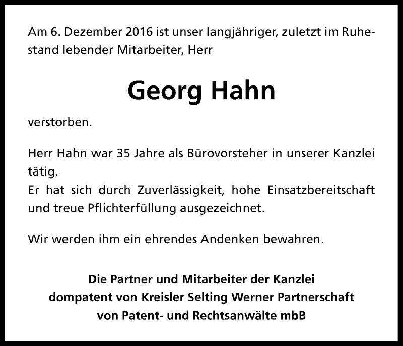  Traueranzeige für Georg Hahn vom 17.12.2016 aus Kölner Stadt-Anzeiger / Kölnische Rundschau / Express