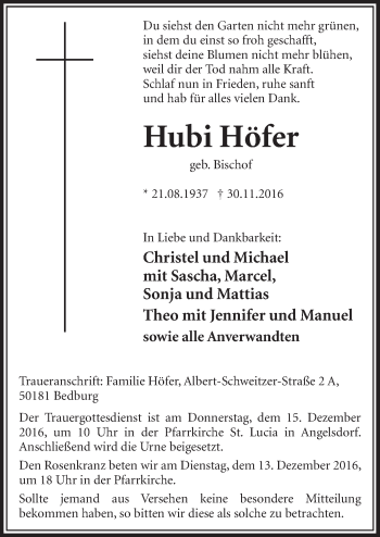 Anzeige von Hubi Höfer von  Sonntags-Post 