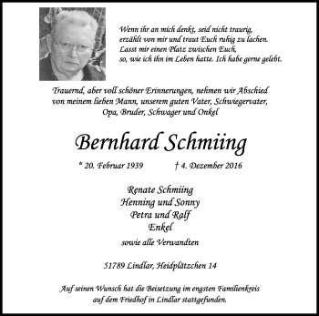 Anzeige von Bernhard Schmiing von Kölner Stadt-Anzeiger / Kölnische Rundschau / Express