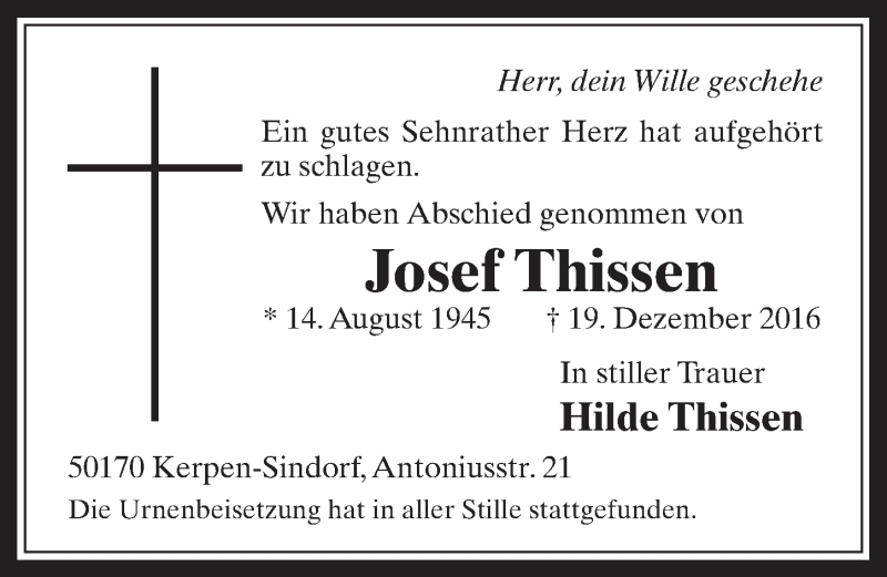  Traueranzeige für Josef Thissen vom 28.12.2016 aus  Werbepost 