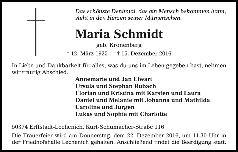  Traueranzeige für Maria Schmidt vom 17.12.2016 aus Kölner Stadt-Anzeiger / Kölnische Rundschau / Express