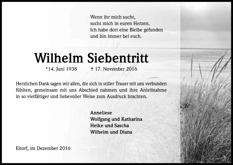  Traueranzeige für Wilhelm Siebentritt vom 17.12.2016 aus Kölner Stadt-Anzeiger / Kölnische Rundschau / Express