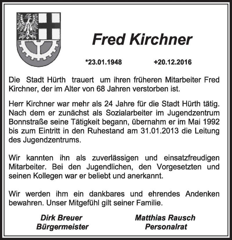  Traueranzeige für Fred Kirchner vom 31.12.2016 aus  Sonntags-Post 