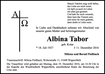 Anzeige von Albina Tabor von Kölner Stadt-Anzeiger / Kölnische Rundschau / Express