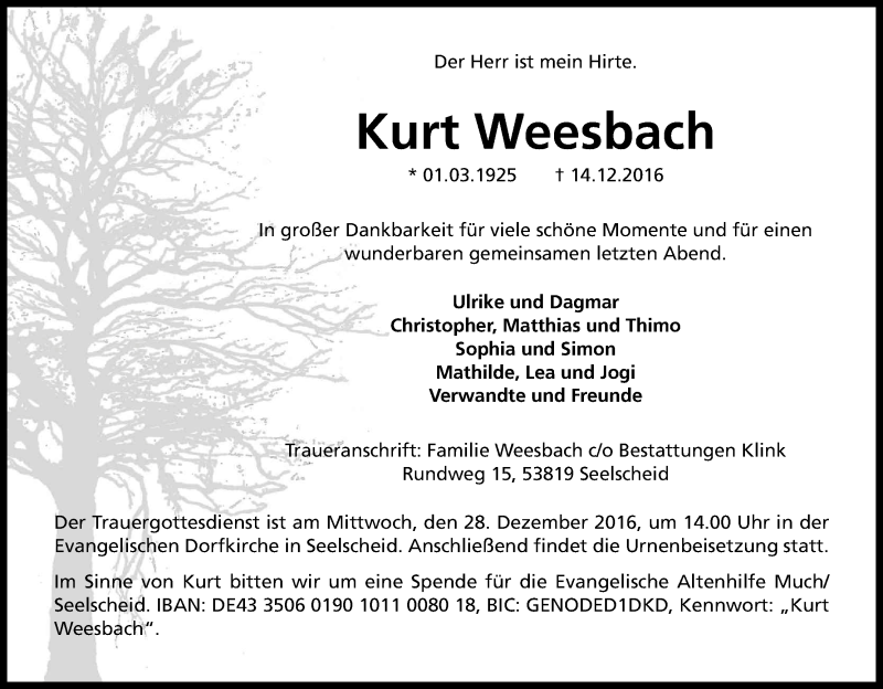  Traueranzeige für Kurt Weesbach vom 17.12.2016 aus Kölner Stadt-Anzeiger / Kölnische Rundschau / Express
