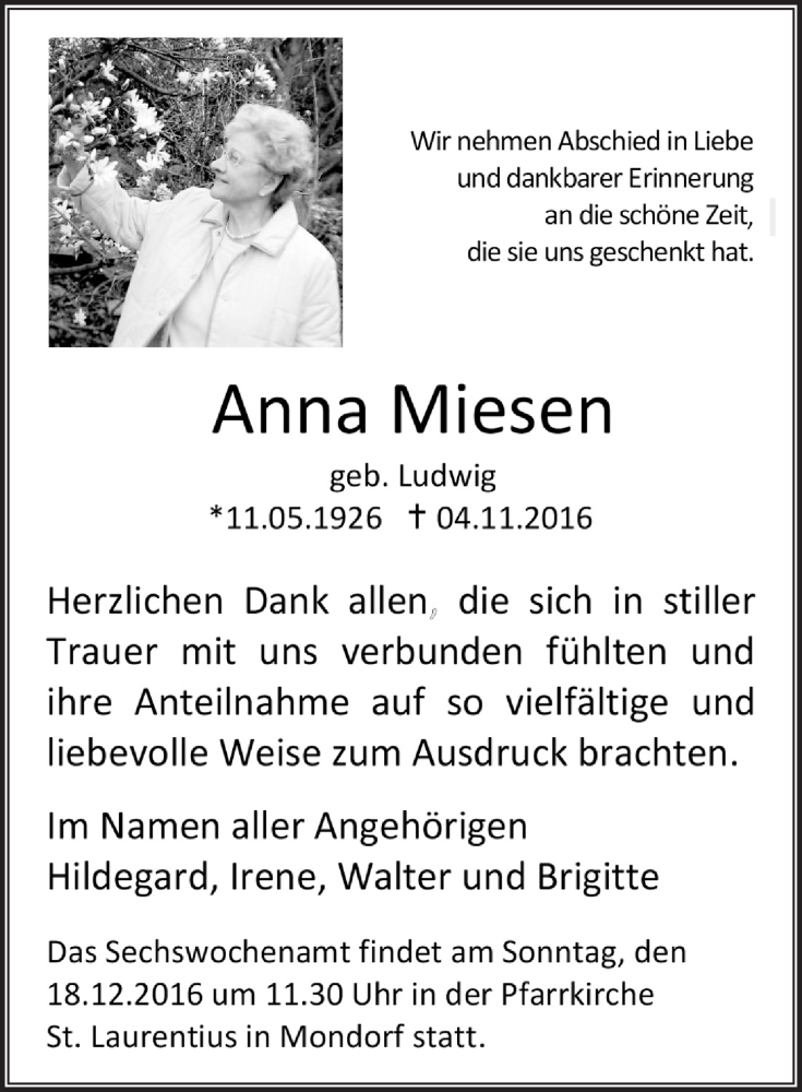  Traueranzeige für Anna Miesen vom 14.12.2016 aus  Extra Blatt 