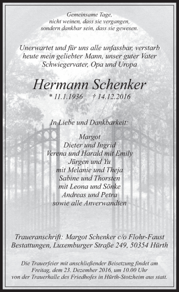 Anzeige von Hermann Schenker von  Wochenende 
