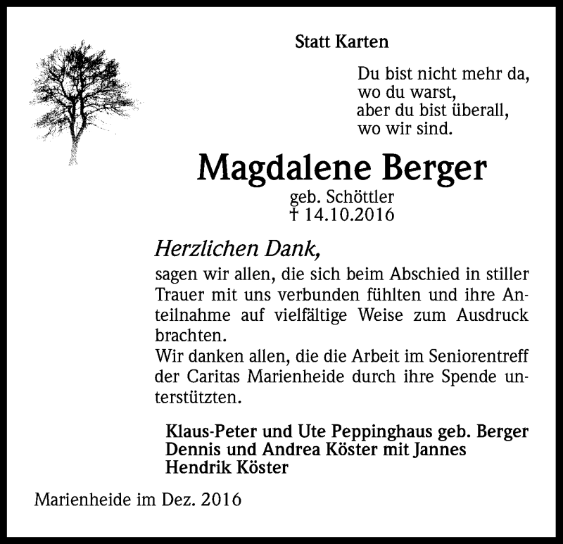  Traueranzeige für Magdalene Berger vom 31.12.2016 aus Kölner Stadt-Anzeiger / Kölnische Rundschau / Express