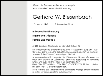 Anzeige von Gerhard W. Biesenbach von Kölner Stadt-Anzeiger / Kölnische Rundschau / Express