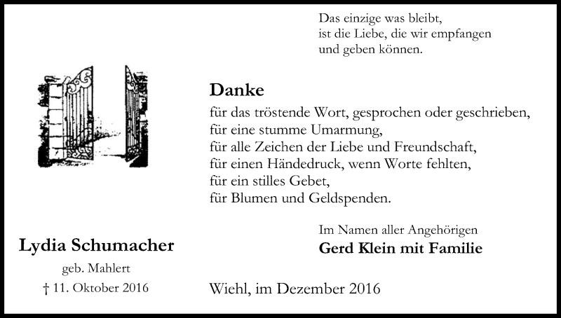  Traueranzeige für Lydia Schumacher vom 10.12.2016 aus Kölner Stadt-Anzeiger / Kölnische Rundschau / Express