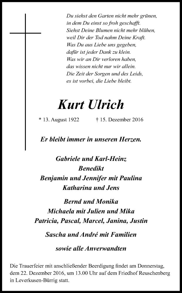  Traueranzeige für Kurt Ulrich vom 19.12.2016 aus Kölner Stadt-Anzeiger / Kölnische Rundschau / Express