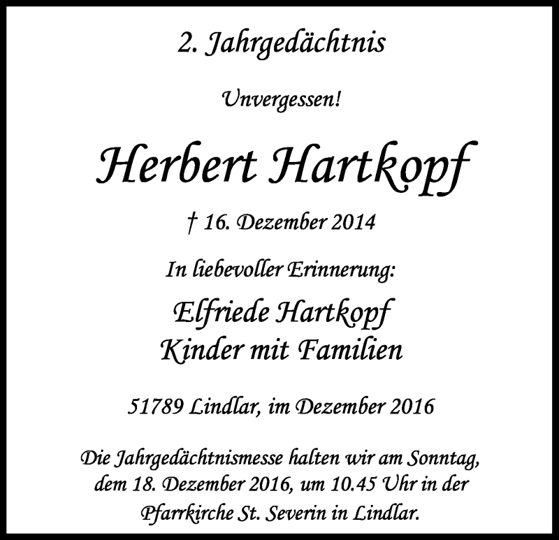  Traueranzeige für Herbert Hartkopf vom 17.12.2016 aus Kölner Stadt-Anzeiger / Kölnische Rundschau / Express