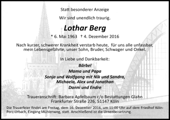 Anzeige von Lothar Berg von Kölner Stadt-Anzeiger / Kölnische Rundschau / Express