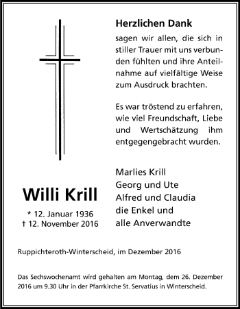 Anzeige von Willi Krill von Kölner Stadt-Anzeiger / Kölnische Rundschau / Express