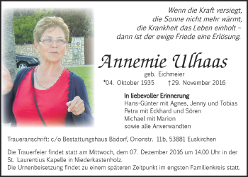 Anzeige von Annemie Ulhaas von  Blickpunkt Euskirchen 